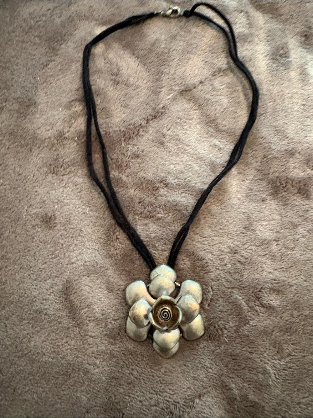 Silver Floral Pendant Necklace on Black Cord